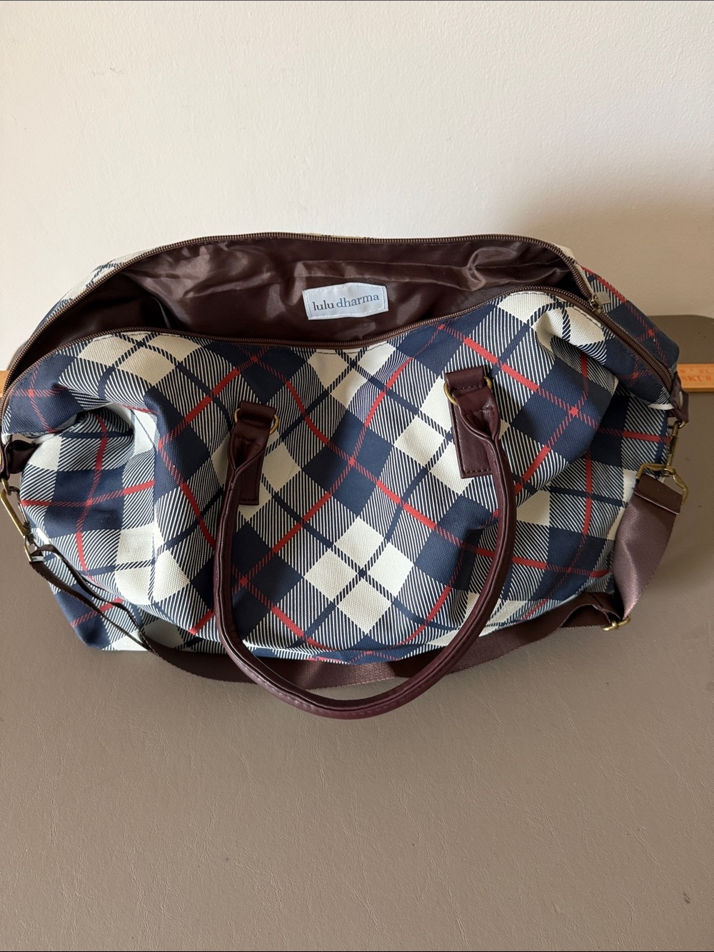 Lulu Dharma Grey Blue Rust Brown Plaid Frasier Weekender Tote Travel Bag Duffel